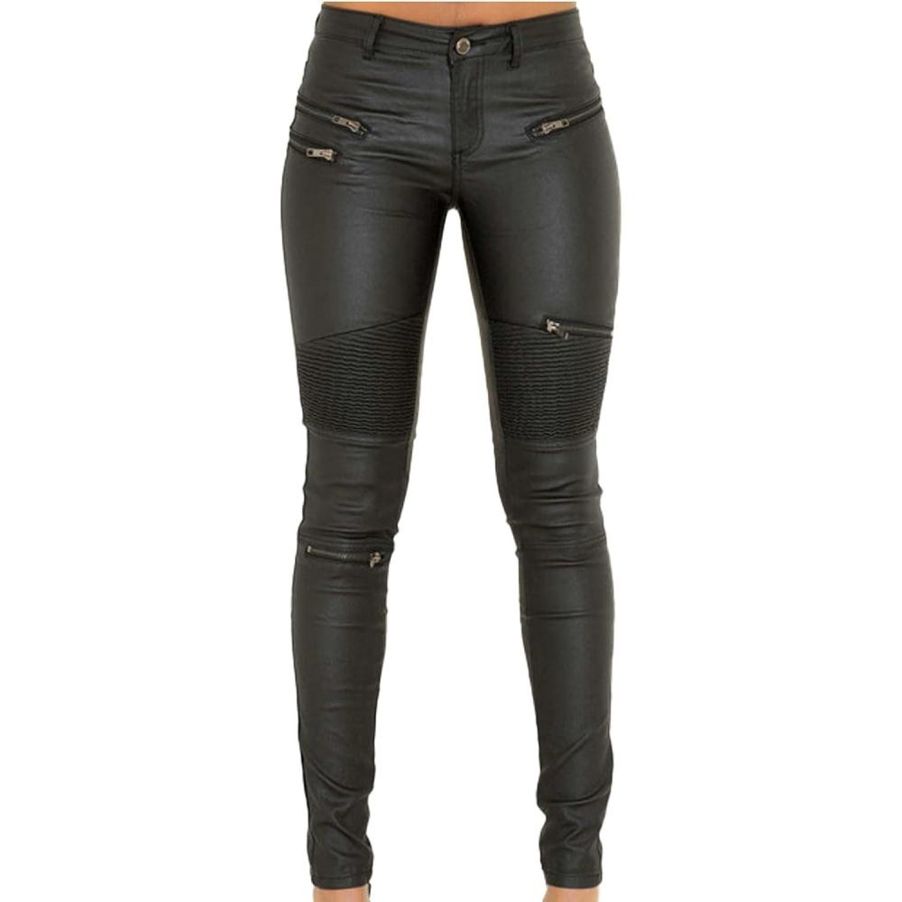 imageBlack Pants PU Leather Coated Denim Pants for Women Sexy Tight Stretchy Rider LeggingsBlack