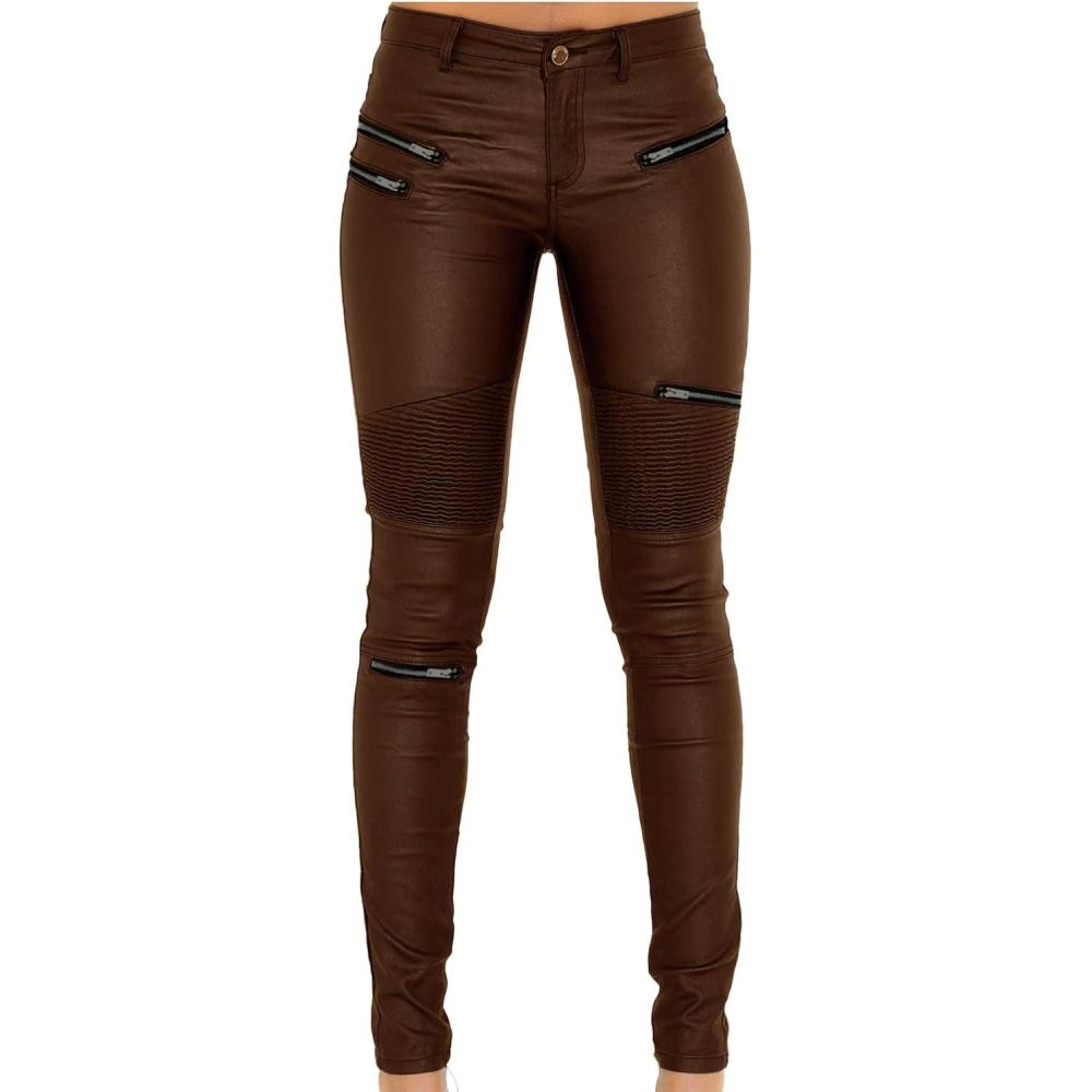 imageBlack Pants PU Leather Coated Denim Pants for Women Sexy Tight Stretchy Rider LeggingsCoffee