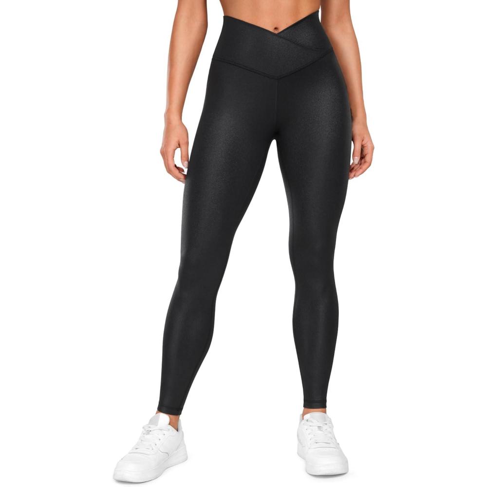 imageCRZ YOGA Womens Butterluxe Matte Faux Leather Cross Waist Leggings 28 V Crossover High Waisted LoungeBlack Classic