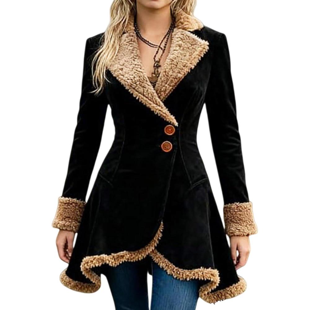 imageCanbebig Suede Jackets for Women Sherpa Lined Suede Jacket Notch Lapel Button Down Coat Fuzzy Faux Fur Trim Beggar Style CoatAblack