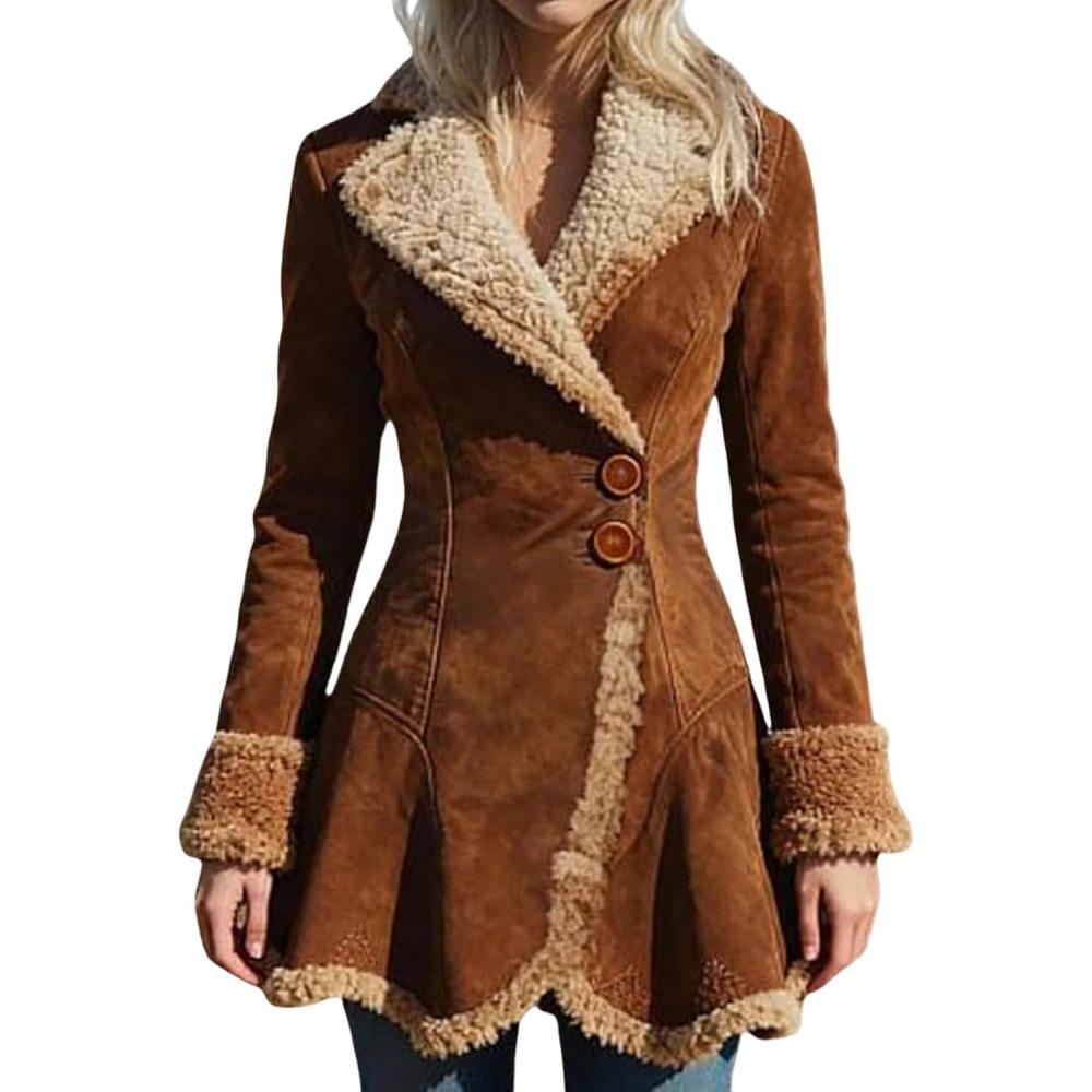 imageCanbebig Suede Jackets for Women Sherpa Lined Suede Jacket Notch Lapel Button Down Coat Fuzzy Faux Fur Trim Beggar Style CoatAbrown