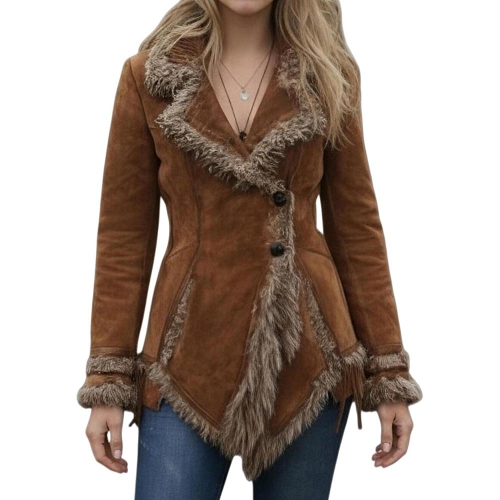 imageCanbebig Suede Jackets for Women Sherpa Lined Suede Jacket Notch Lapel Button Down Coat Fuzzy Faux Fur Trim Beggar Style CoatBrown