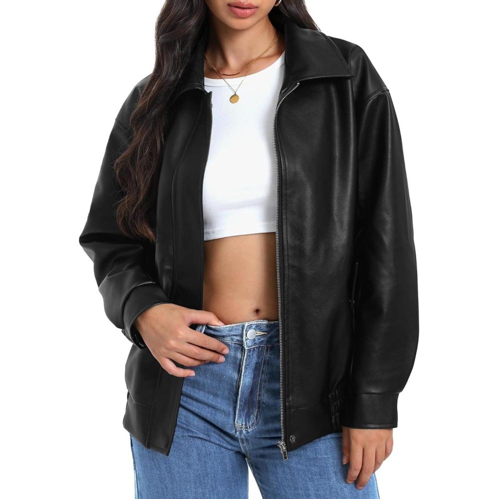 imageCasly Lamiit Womens Faux Leather Jacket Oversized Motorcycle Zipper Bomber Coats Fashion Casual Travel OutfitsBlack
