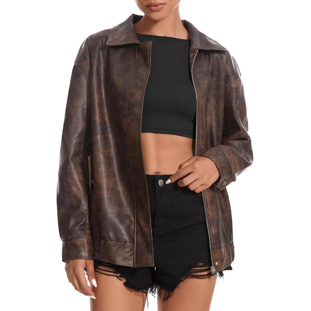 imageCasly Lamiit Womens Faux Leather Jacket Oversized Motorcycle Zipper Bomber Coats Fashion Casual Travel OutfitsBrown