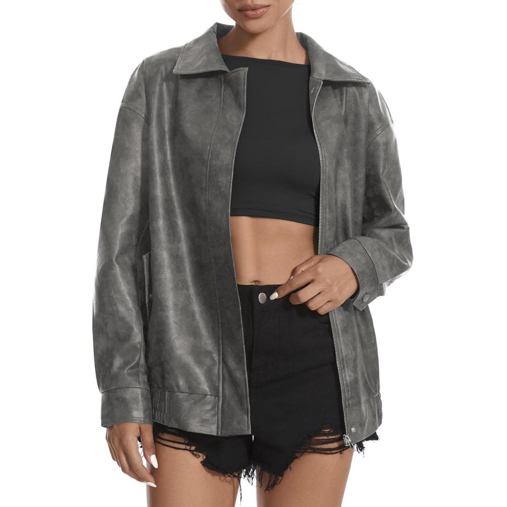imageCasly Lamiit Womens Faux Leather Jacket Oversized Motorcycle Zipper Bomber Coats Fashion Casual Travel OutfitsGrey