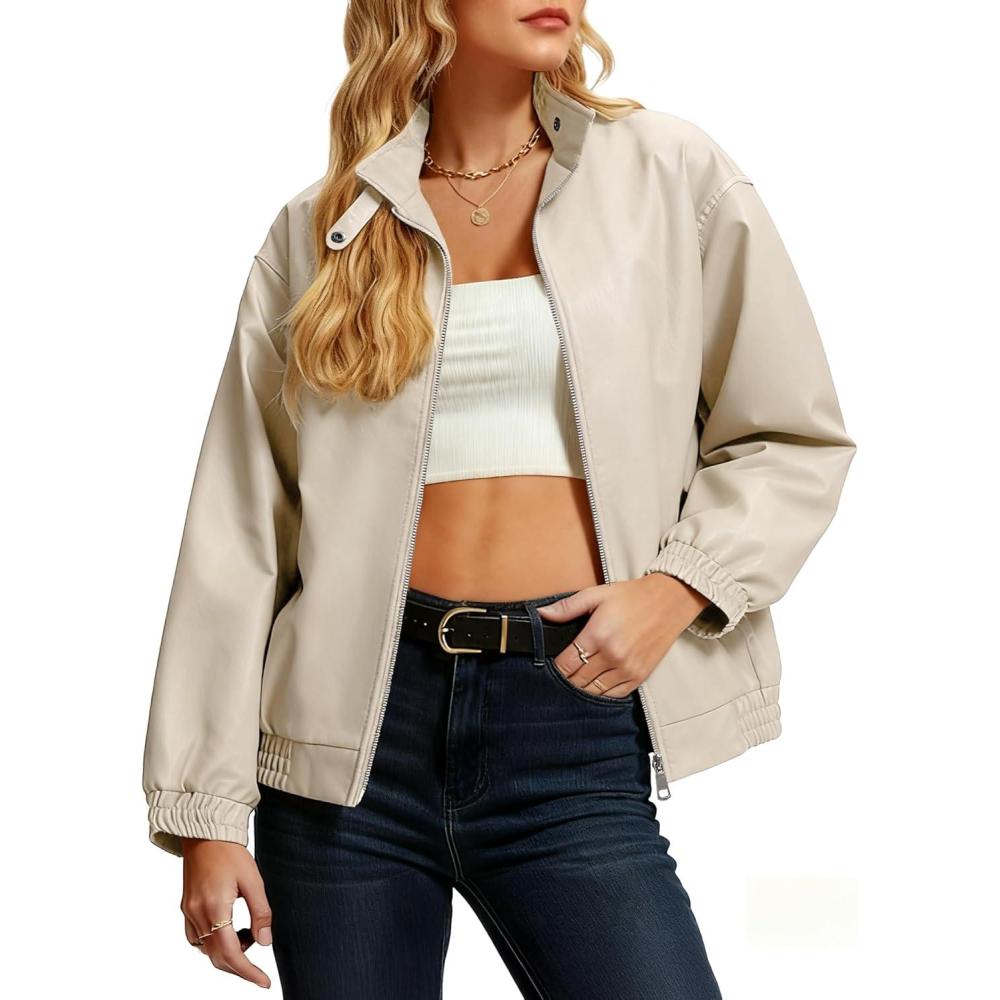 imageCasly Lamiit Womens Faux Leather Jacket Oversized Winter Stand Collar Double Zipper Casual Motorcycle Bomber Coat OutwearBeige