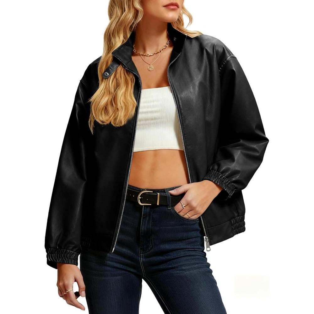 imageCasly Lamiit Womens Faux Leather Jacket Oversized Winter Stand Collar Double Zipper Casual Motorcycle Bomber Coat OutwearBlack