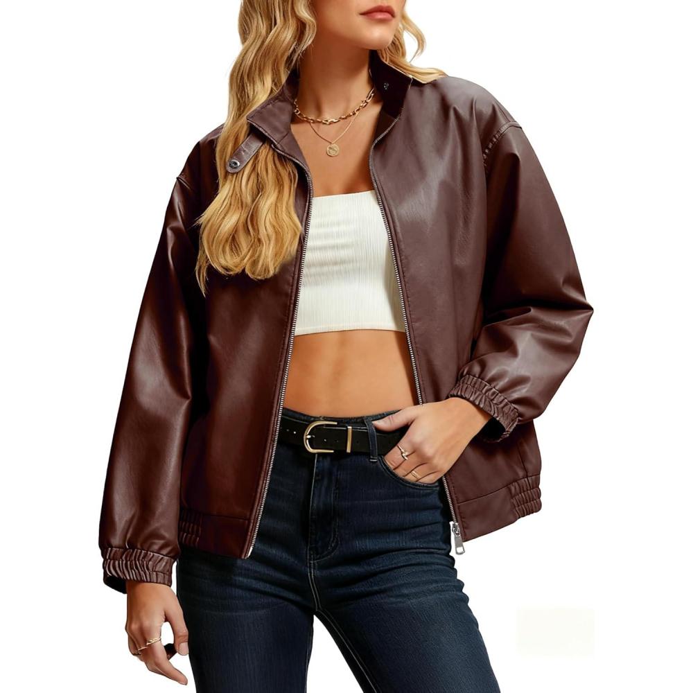 imageCasly Lamiit Womens Faux Leather Jacket Oversized Winter Stand Collar Double Zipper Casual Motorcycle Bomber Coat OutwearChocolate
