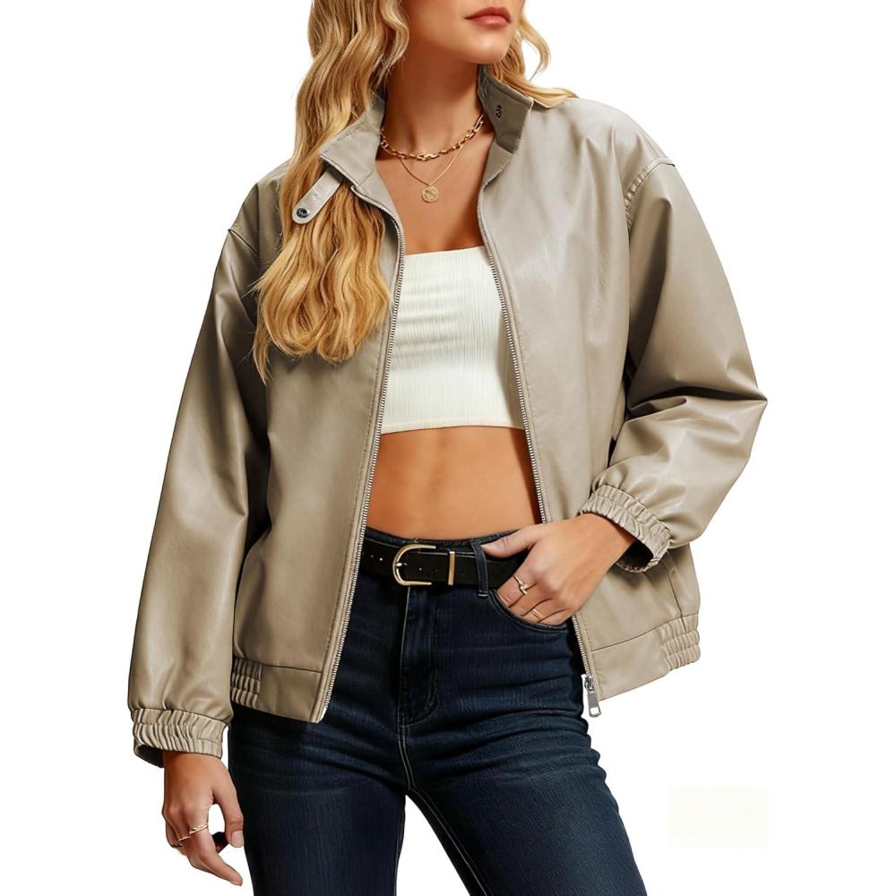 imageCasly Lamiit Womens Faux Leather Jacket Oversized Winter Stand Collar Double Zipper Casual Motorcycle Bomber Coat OutwearKhaki