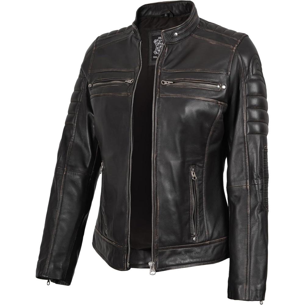 imageDecrum Leather Jacket Women Stylish Casual Real Lambskin Leather Jackets for WomenCafe Racer Distressed Brown Leather Jacket