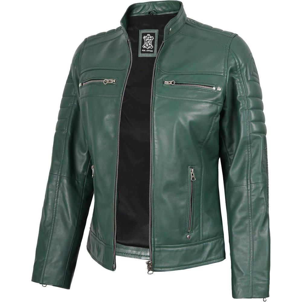 imageDecrum Leather Jacket Women Stylish Casual Real Lambskin Leather Jackets for WomenCafe Racer Women Green Leather Jacket