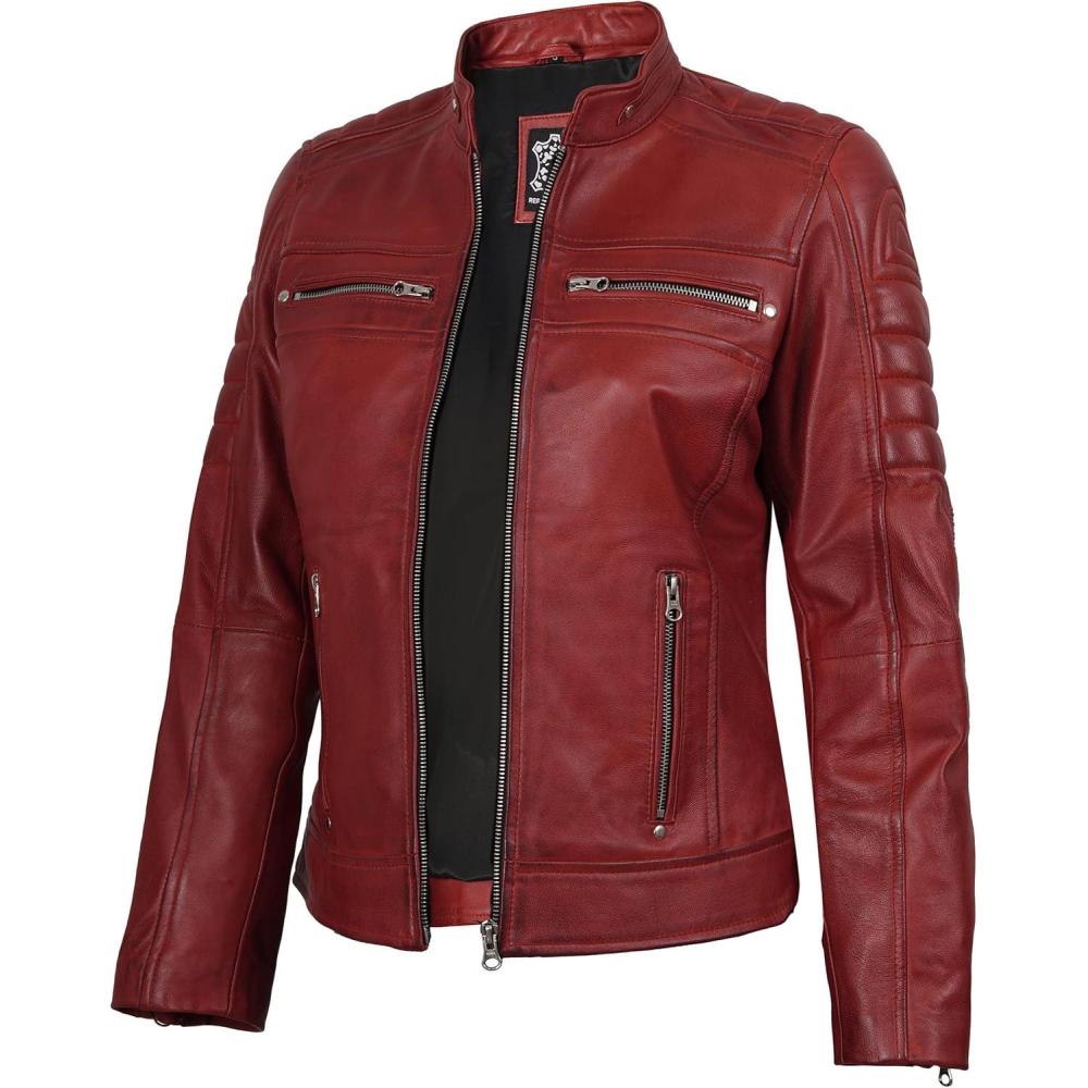 imageDecrum Leather Jacket Women Stylish Casual Real Lambskin Leather Jackets for WomenCafe Racer Women Red Wax Leather Jacket
