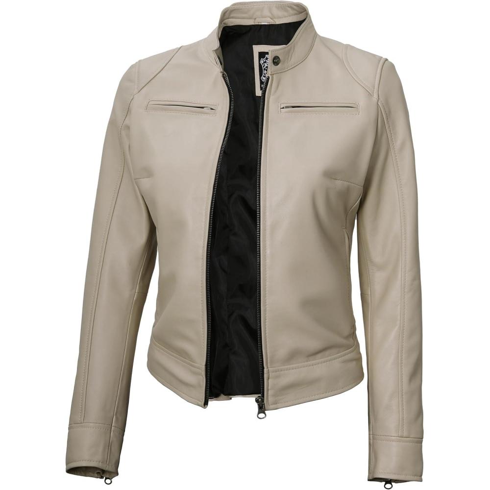 imageDecrum Leather Jackets For Women  Cafe Racer Style Casual Womens Leather JacketDdge  Beige Leather Jacket