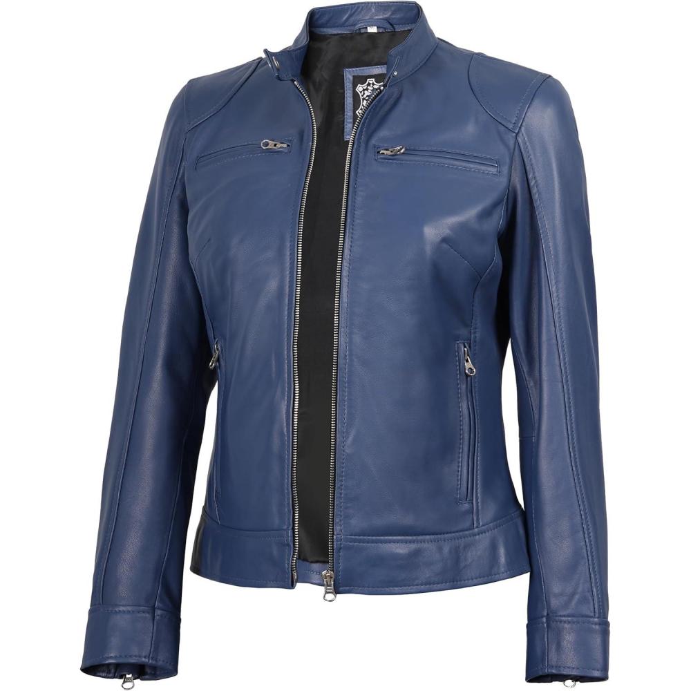 imageDecrum Leather Jackets For Women  Cafe Racer Style Casual Womens Leather JacketDdge  Blue Leather Jacket