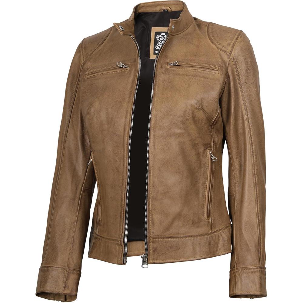 imageDecrum Leather Jackets For Women Cafe Racer Style Casual Womens Leather JacketDdge Camel Leather Jacket
