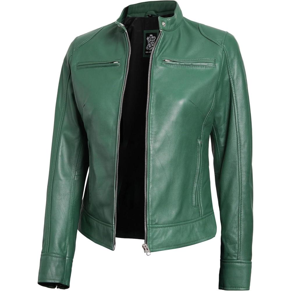 imageDecrum Leather Jackets For Women Cafe Racer Style Casual Womens Leather JacketDdge Green Leather Jacket