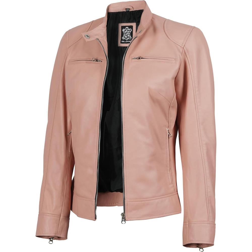 imageDecrum Leather Jackets For Women Cafe Racer Style Casual Womens Leather JacketDdge Light Pink Leather Jacket