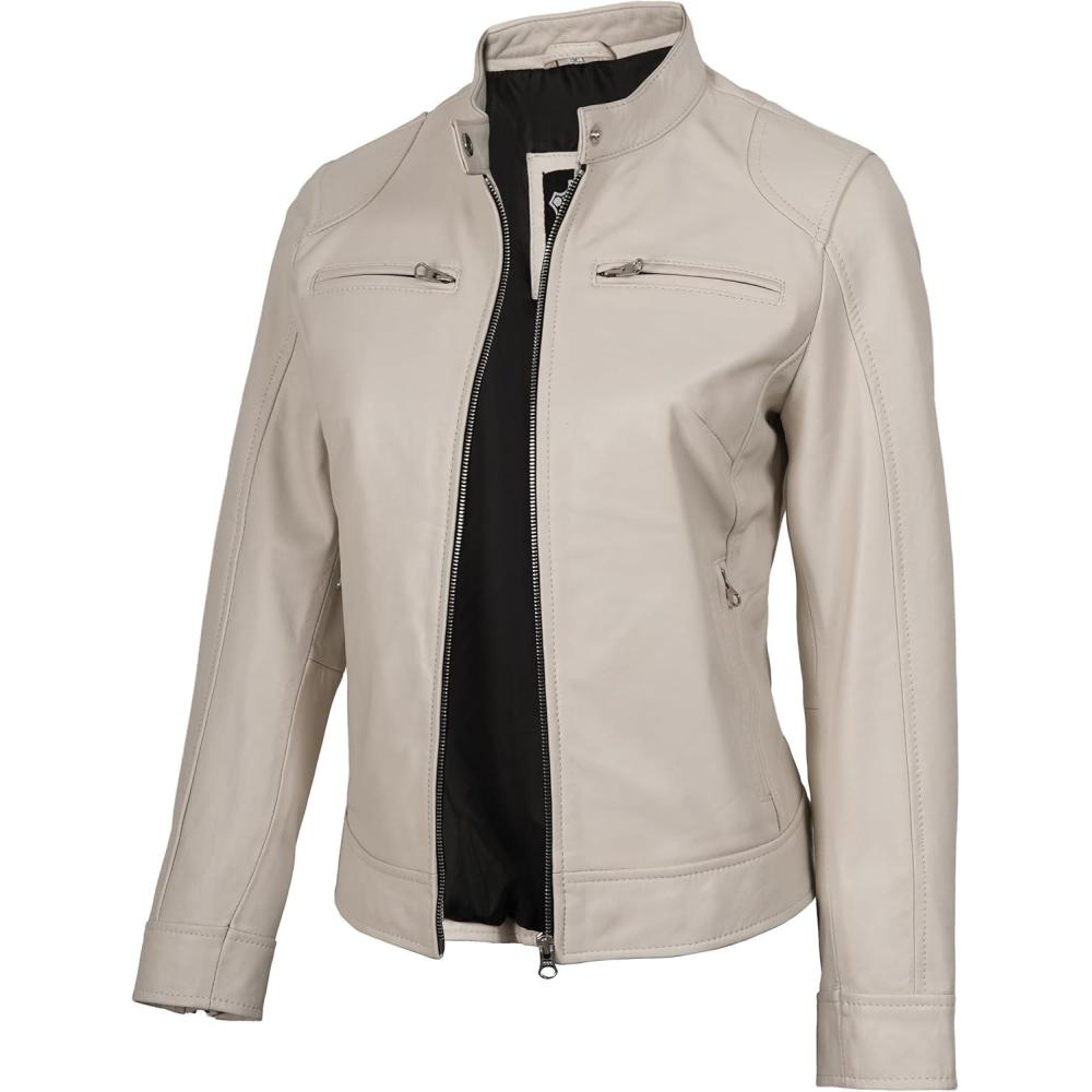 imageDecrum Leather Jackets For Women Cafe Racer Style Casual Womens Leather JacketDdge Off White Leather Jacket