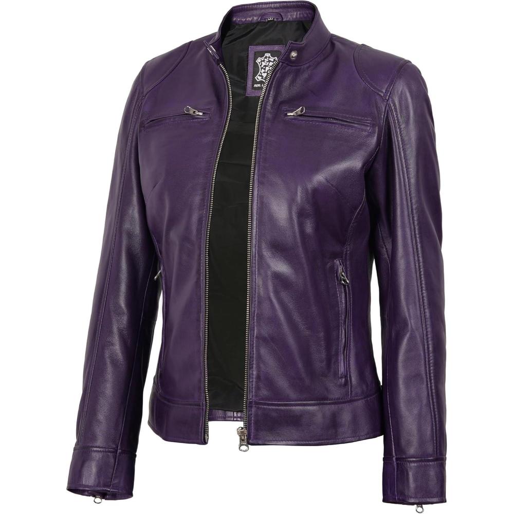 imageDecrum Leather Jackets For Women Cafe Racer Style Casual Womens Leather JacketDdge Purple Leather Jacket