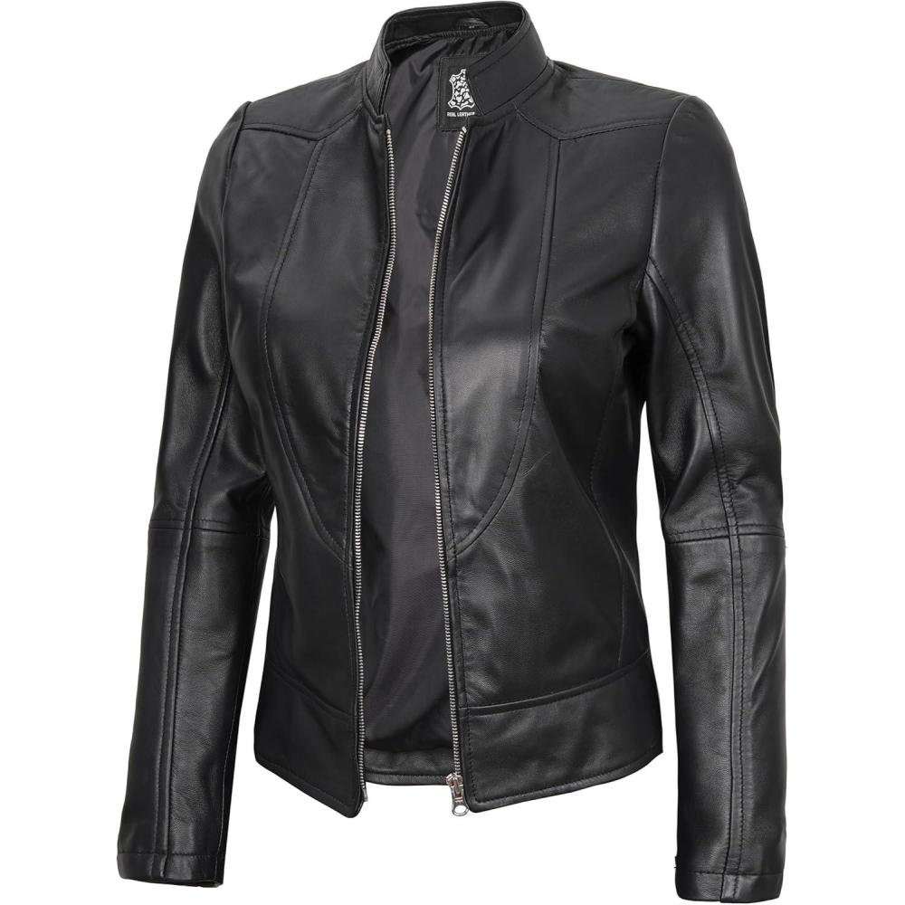 imageDecrum Womens Leather Jacket  Real Lambskin Cafe Racer Style Leather Jackets for WomenAmy  Black Leather Jacket Women