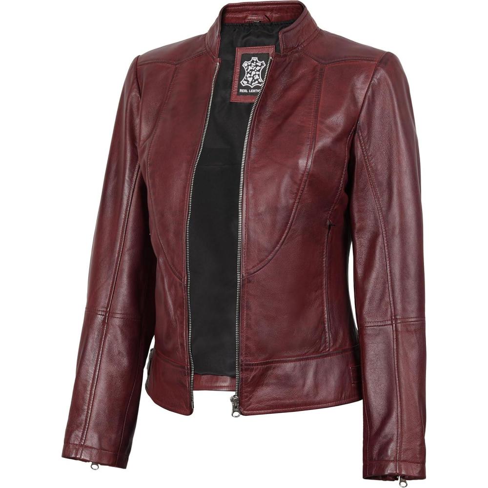 imageDecrum Womens Leather Jacket Real Lambskin Cafe Racer Style Leather Jackets for WomenAmy Burgundy Leather Jacket Women