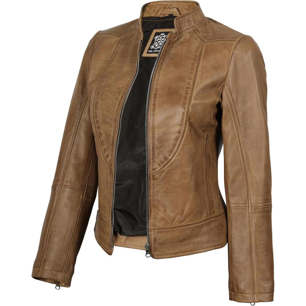 imageDecrum Womens Leather Jacket Real Lambskin Cafe Racer Style Leather Jackets for WomenAmy Camel Leather Jacket Women