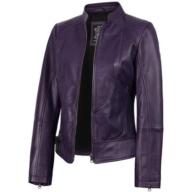 imageDecrum Womens Leather Jacket Real Lambskin Cafe Racer Style Leather Jackets for WomenAmy Purple Leather Jacket Women