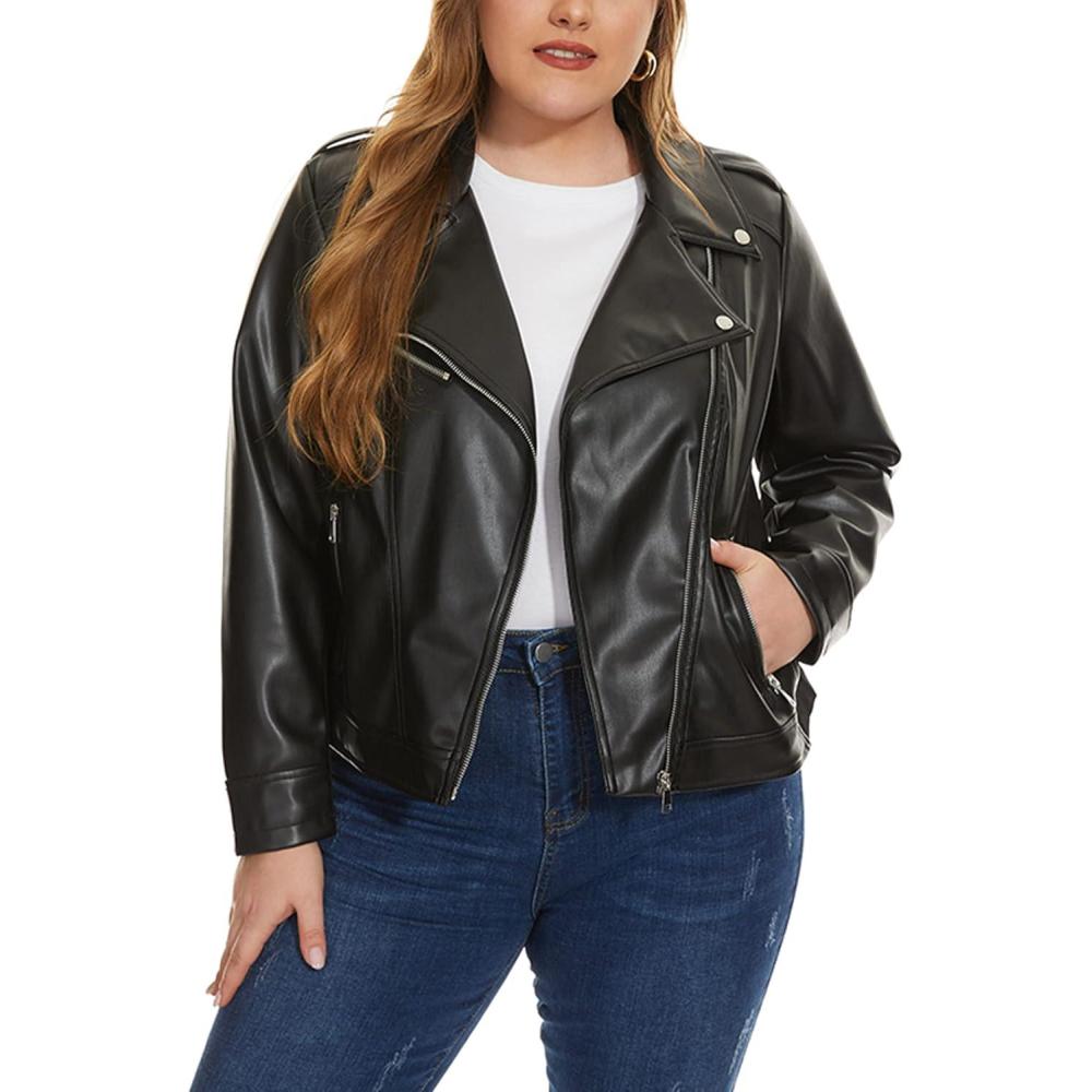 imageFahsyee Womens Faux Leather Jackets Zip Up Motorcycle Short PU Moto Biker Outwear Fitted Plus Size CoatBlack