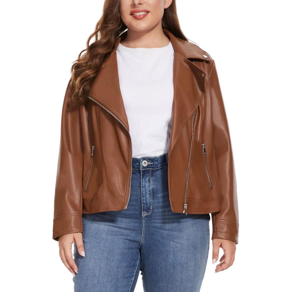 imageFahsyee Womens Faux Leather Jackets Zip Up Motorcycle Short PU Moto Biker Outwear Fitted Plus Size CoatBrown