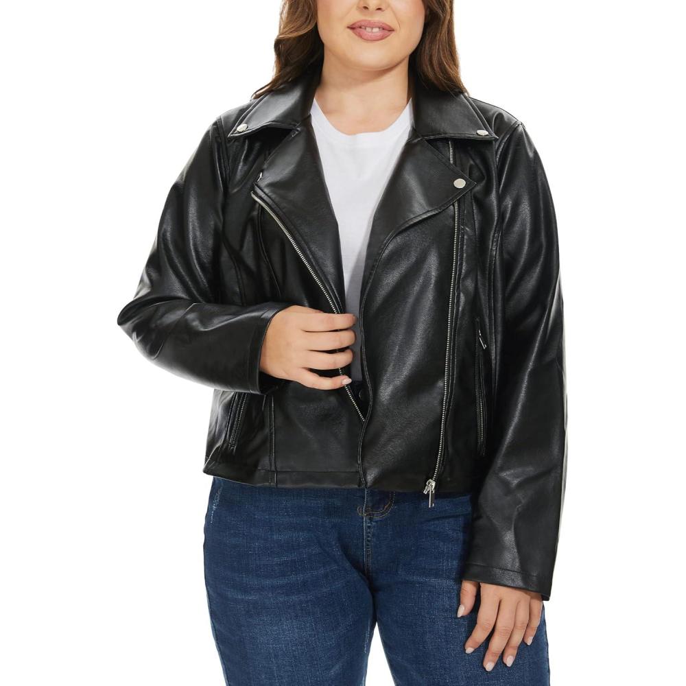 imageFahsyee Womens Faux Leather Jackets Zip Up Motorcycle Short PU Moto Biker Outwear Fitted Plus Size CoatJet Black