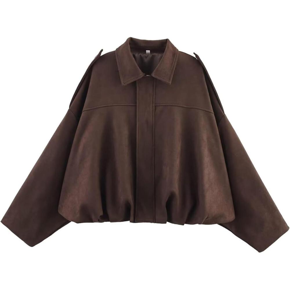 imageFaux Suede Jacket Women Oversized Long Sleeve Zip Up Epaulet Bomber Leather Jackets Oversized Casual CoatCoffee
