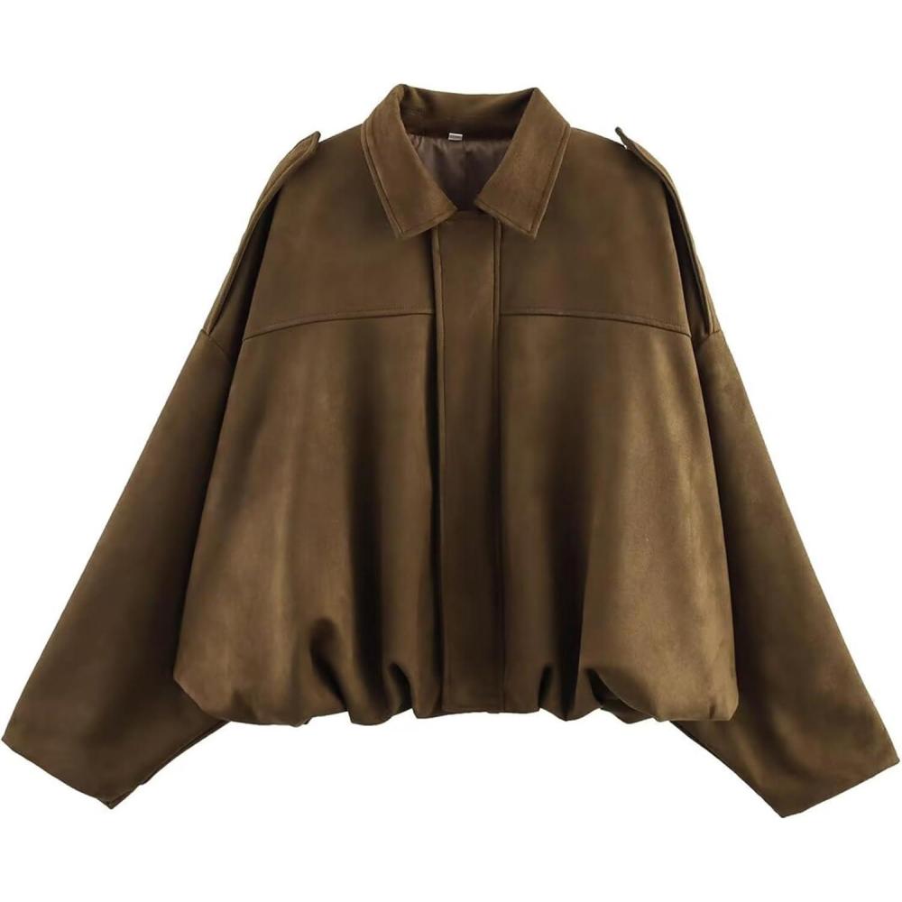 imageFaux Suede Jacket Women Oversized Long Sleeve Zip Up Epaulet Bomber Leather Jackets Oversized Casual CoatMaroon