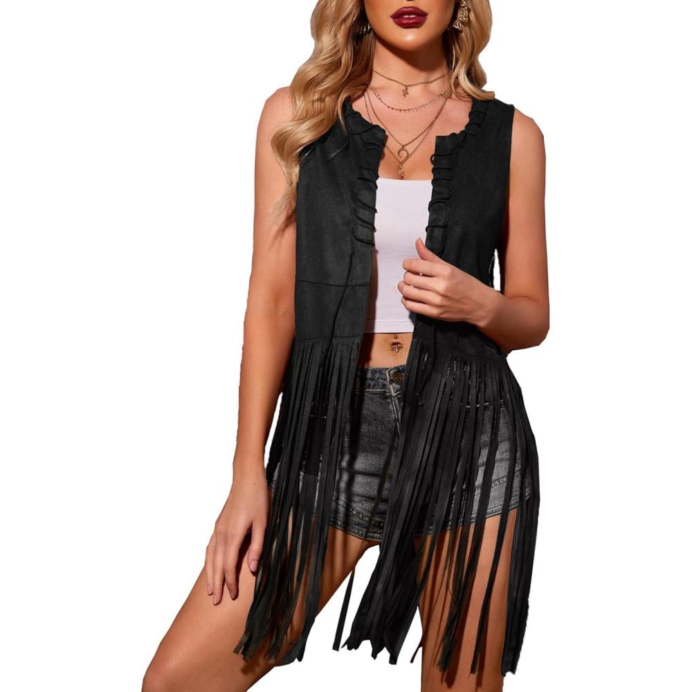 imageHOTOUCH Women Fringe Vest 70s Hippie Faux Suede Sleeveless Tassels Cardigan Cowgirl Western TopsBlack