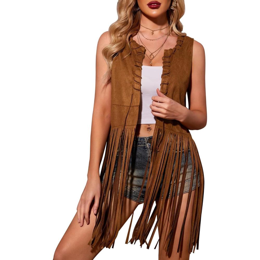 imageHOTOUCH Women Fringe Vest 70s Hippie Faux Suede Sleeveless Tassels Cardigan Cowgirl Western TopsDark Brown