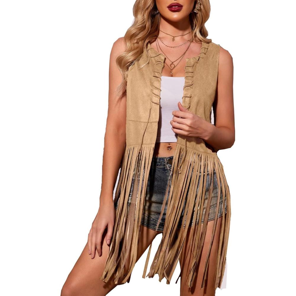 imageHOTOUCH Women Fringe Vest 70s Hippie Faux Suede Sleeveless Tassels Cardigan Cowgirl Western TopsKhaki