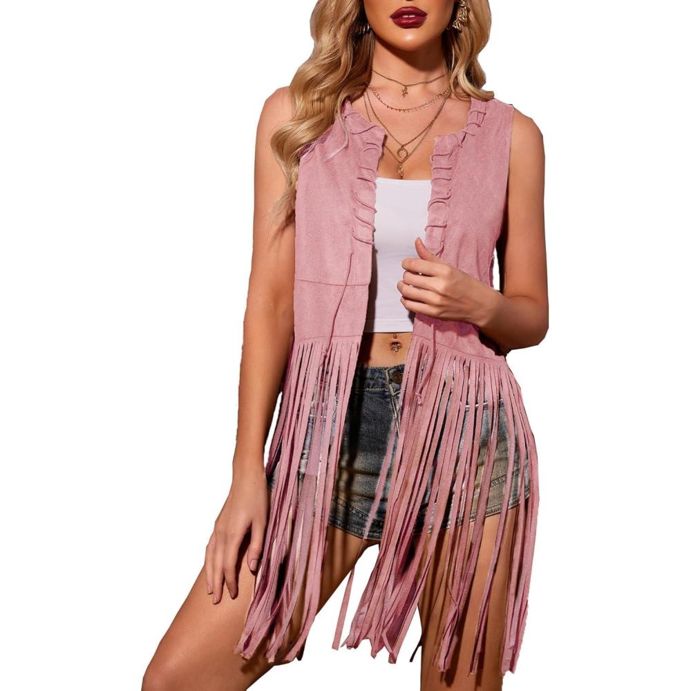 imageHOTOUCH Women Fringe Vest 70s Hippie Faux Suede Sleeveless Tassels Cardigan Cowgirl Western TopsPink