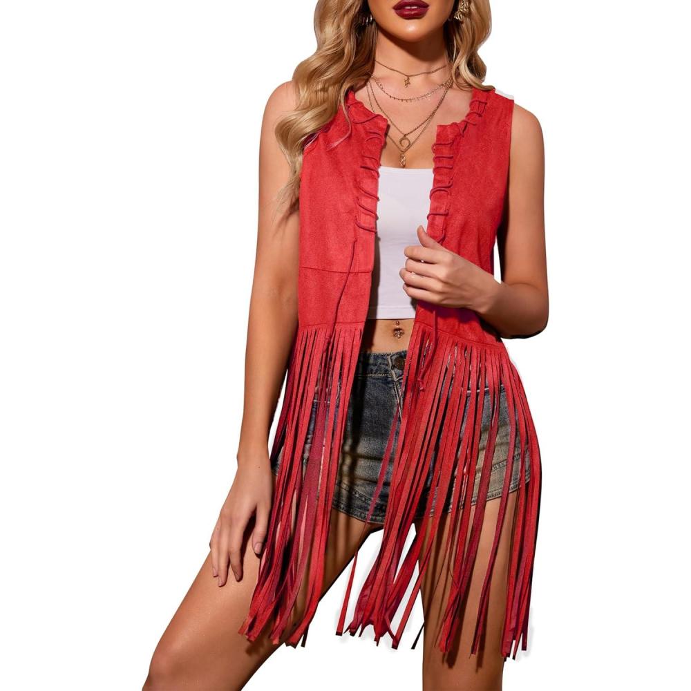 imageHOTOUCH Women Fringe Vest 70s Hippie Faux Suede Sleeveless Tassels Cardigan Cowgirl Western TopsRed