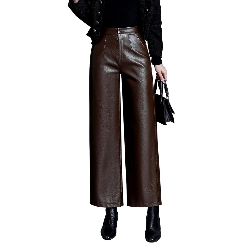 imageHaoMay Womens Faux Leather Pants Straight Wide Leg PU Trousers with PocketsCoffee