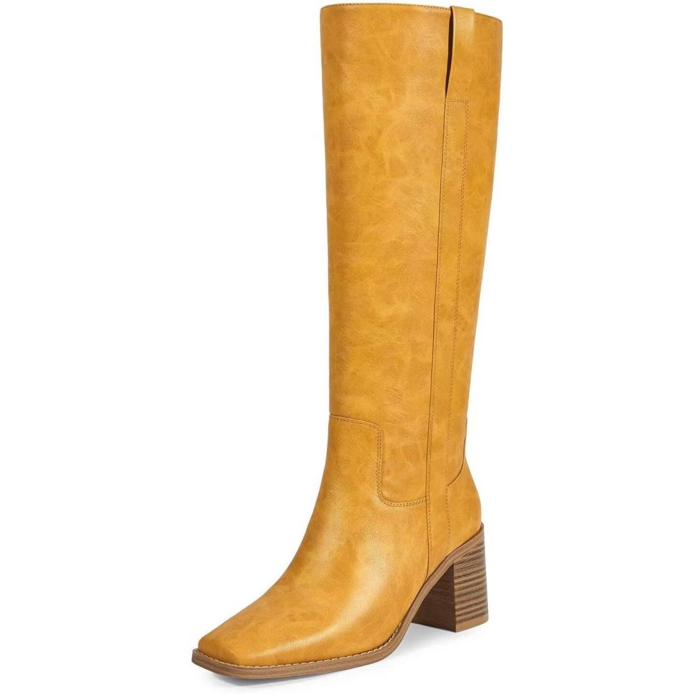 imageISNOM Knee High Boots Women Chunky Low Heel Square Toe Elastic Boots Side Zipper Faux Leather Fall Long Tall BootAbright Bananayellow
