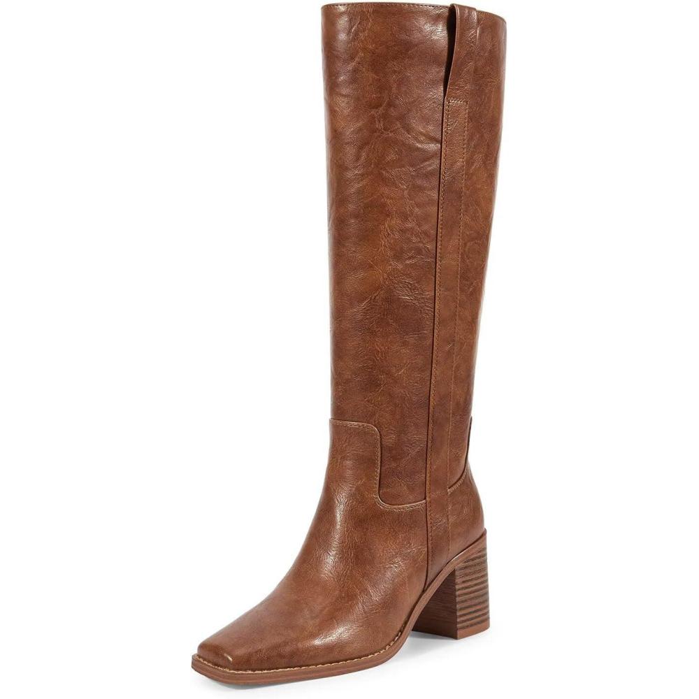 imageISNOM Knee High Boots Women Chunky Low Heel Square Toe Elastic Boots Side Zipper Faux Leather Fall Long Tall BootAreddish Brown