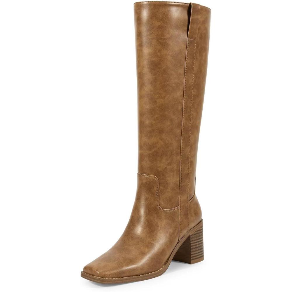 imageISNOM Knee High Boots Women Chunky Low Heel Square Toe Elastic Boots Side Zipper Faux Leather Fall Long Tall BootAvitality Brown