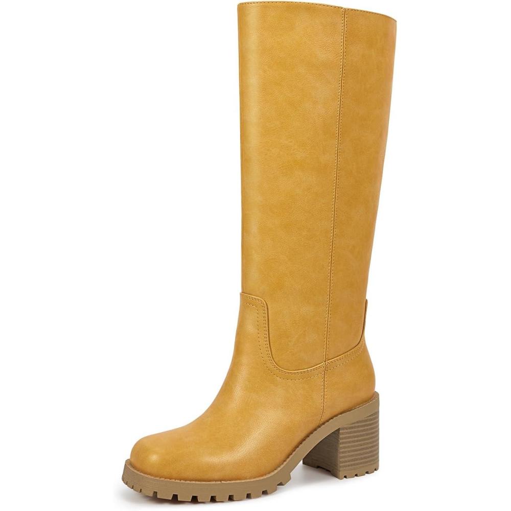 imageISNOM Knee High Boots Women Chunky Low Heel Square Toe Elastic Boots Side Zipper Faux Leather Fall Long Tall BootBanana Yellowchunky Heels