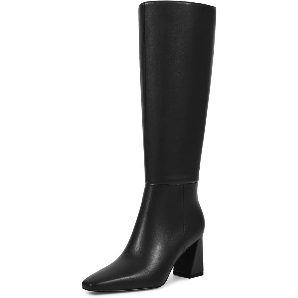 imageISNOM Knee High Boots Women Chunky Low Heel Square Toe Elastic Boots Side Zipper Faux Leather Fall Long Tall BootBlack 295in Heel