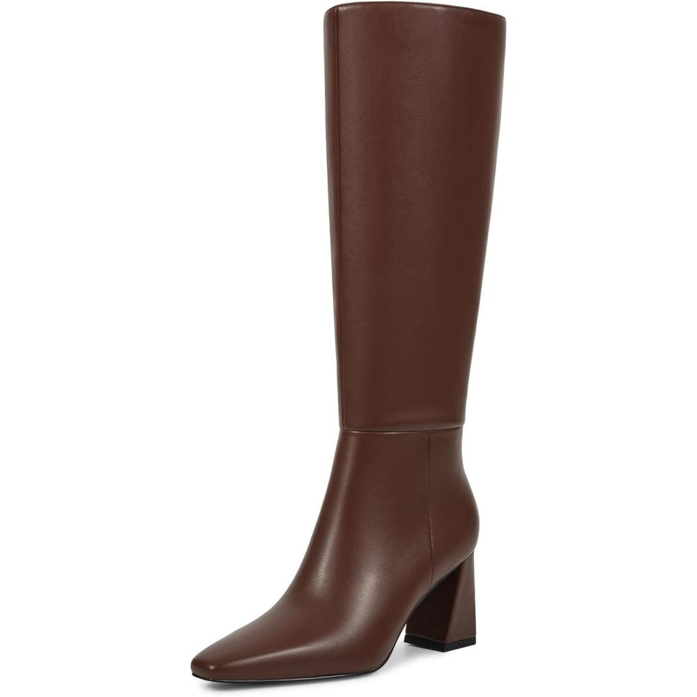 imageISNOM Knee High Boots Women Chunky Low Heel Square Toe Elastic Boots Side Zipper Faux Leather Fall Long Tall BootBrown 295in Heel