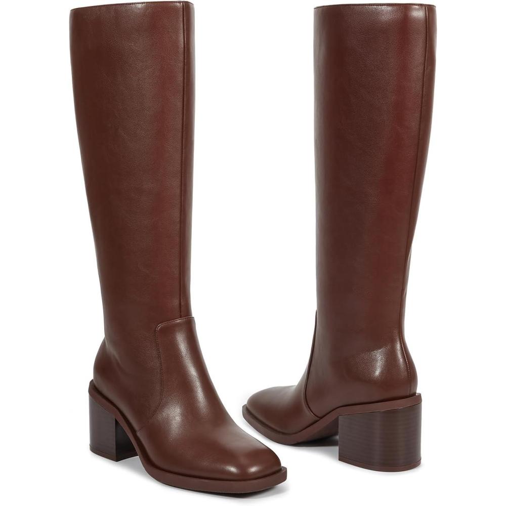 imageISNOM Knee High Boots Women Chunky Low Heel Square Toe Elastic Boots Side Zipper Faux Leather Fall Long Tall BootBrown Square Toe