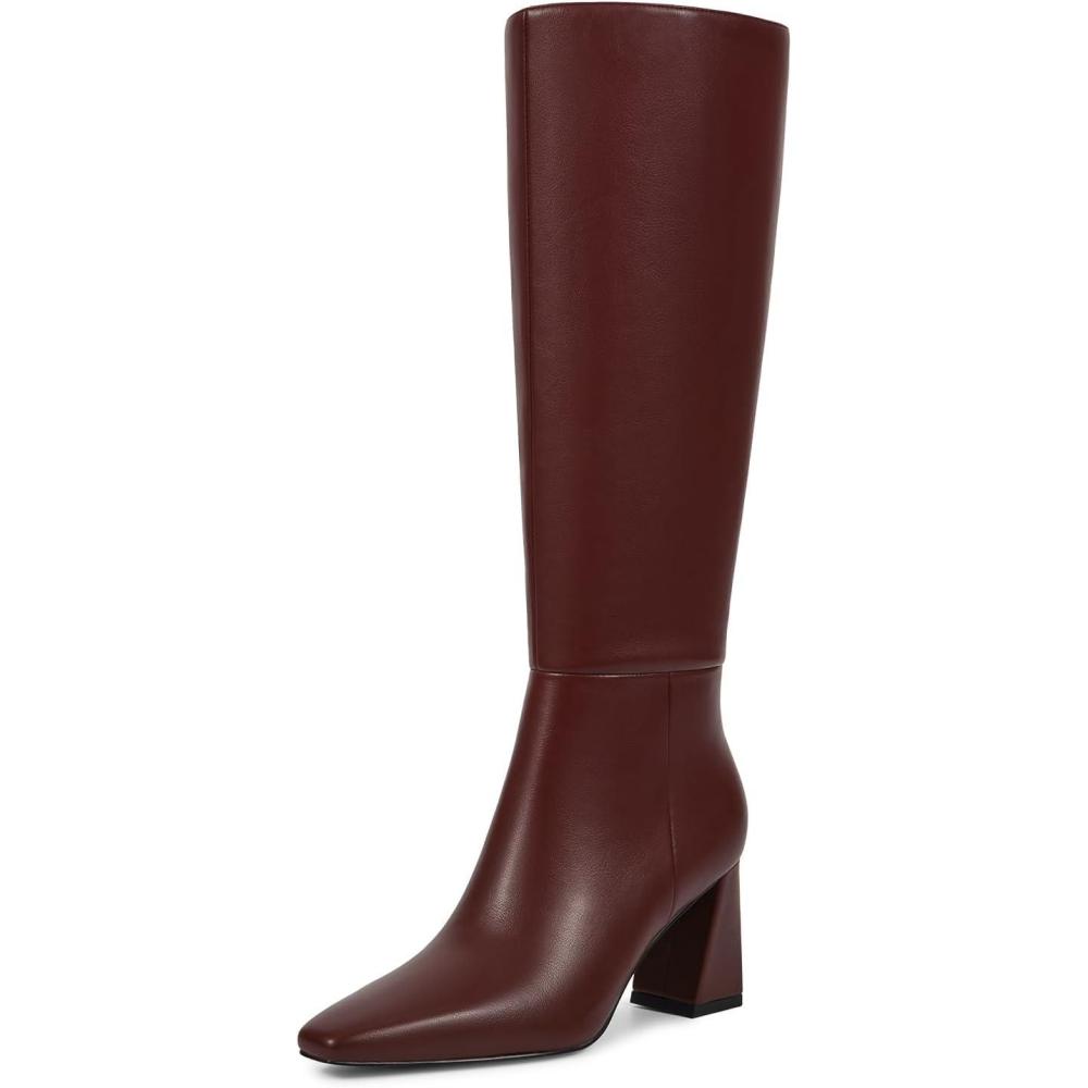 imageISNOM Knee High Boots Women Chunky Low Heel Square Toe Elastic Boots Side Zipper Faux Leather Fall Long Tall BootBurgundy 295in Heel