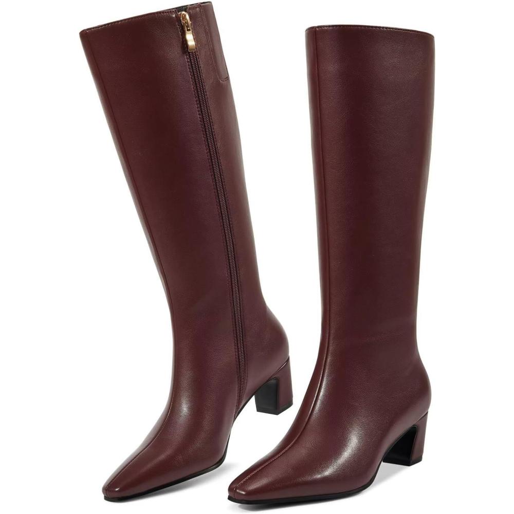 imageISNOM Knee High Boots Women Chunky Low Heel Square Toe Elastic Boots Side Zipper Faux Leather Fall Long Tall BootBurgundy 2in Heel