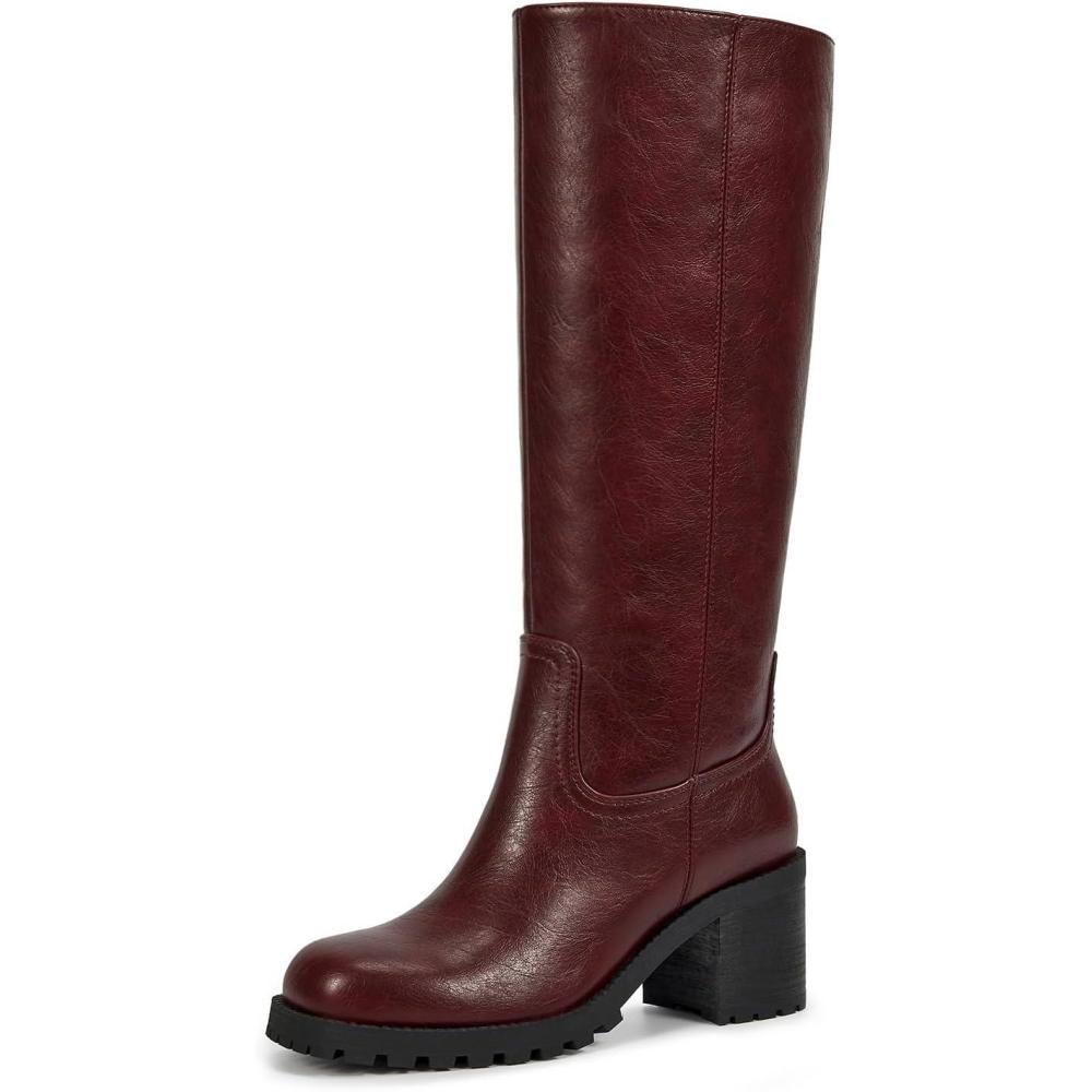imageISNOM Knee High Boots Women Chunky Low Heel Square Toe Elastic Boots Side Zipper Faux Leather Fall Long Tall BootBurgundychunky Heels