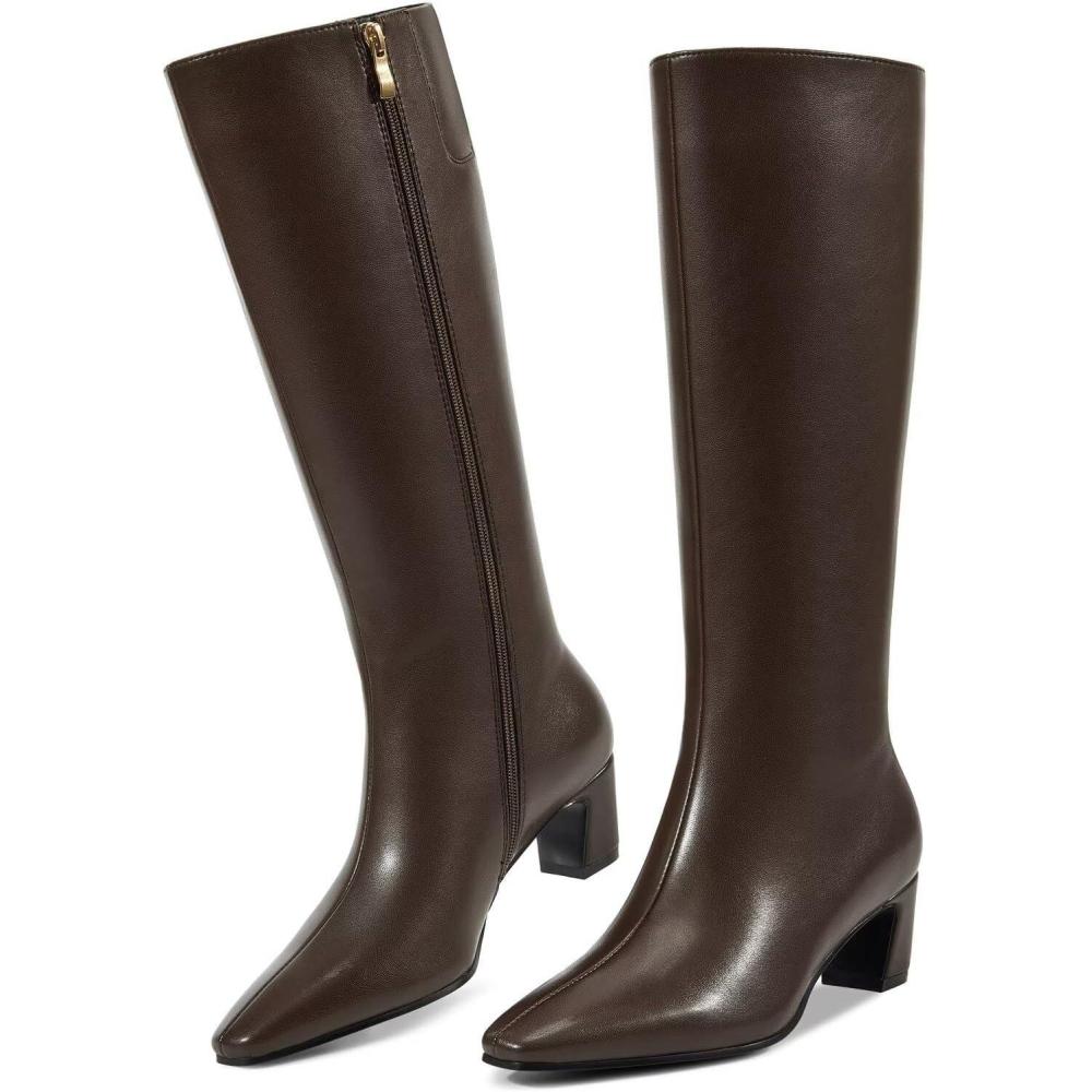 imageISNOM Knee High Boots Women Chunky Low Heel Square Toe Elastic Boots Side Zipper Faux Leather Fall Long Tall BootChocolate Brown 2in Heel