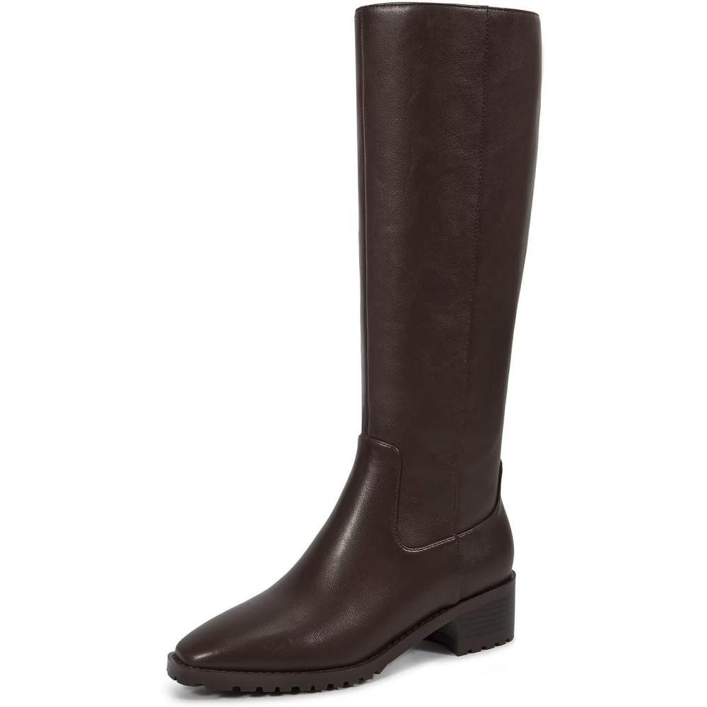 imageISNOM Knee High Boots Women Chunky Low Heel Square Toe Elastic Boots Side Zipper Faux Leather Fall Long Tall BootDarkbrownblock Heels